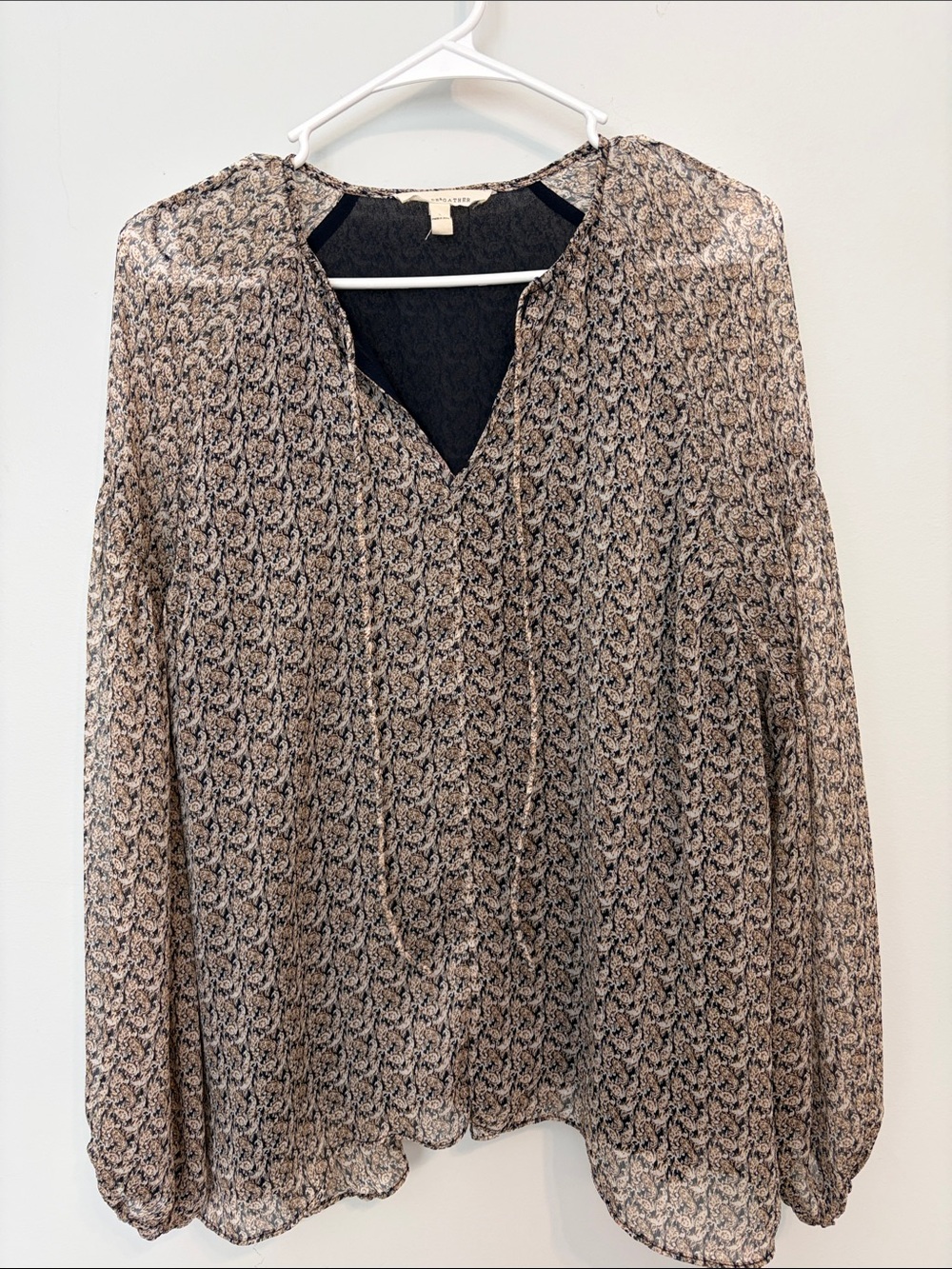 Sheer Printed V-Neck Long-Sleeve Blouse — Beige & Black